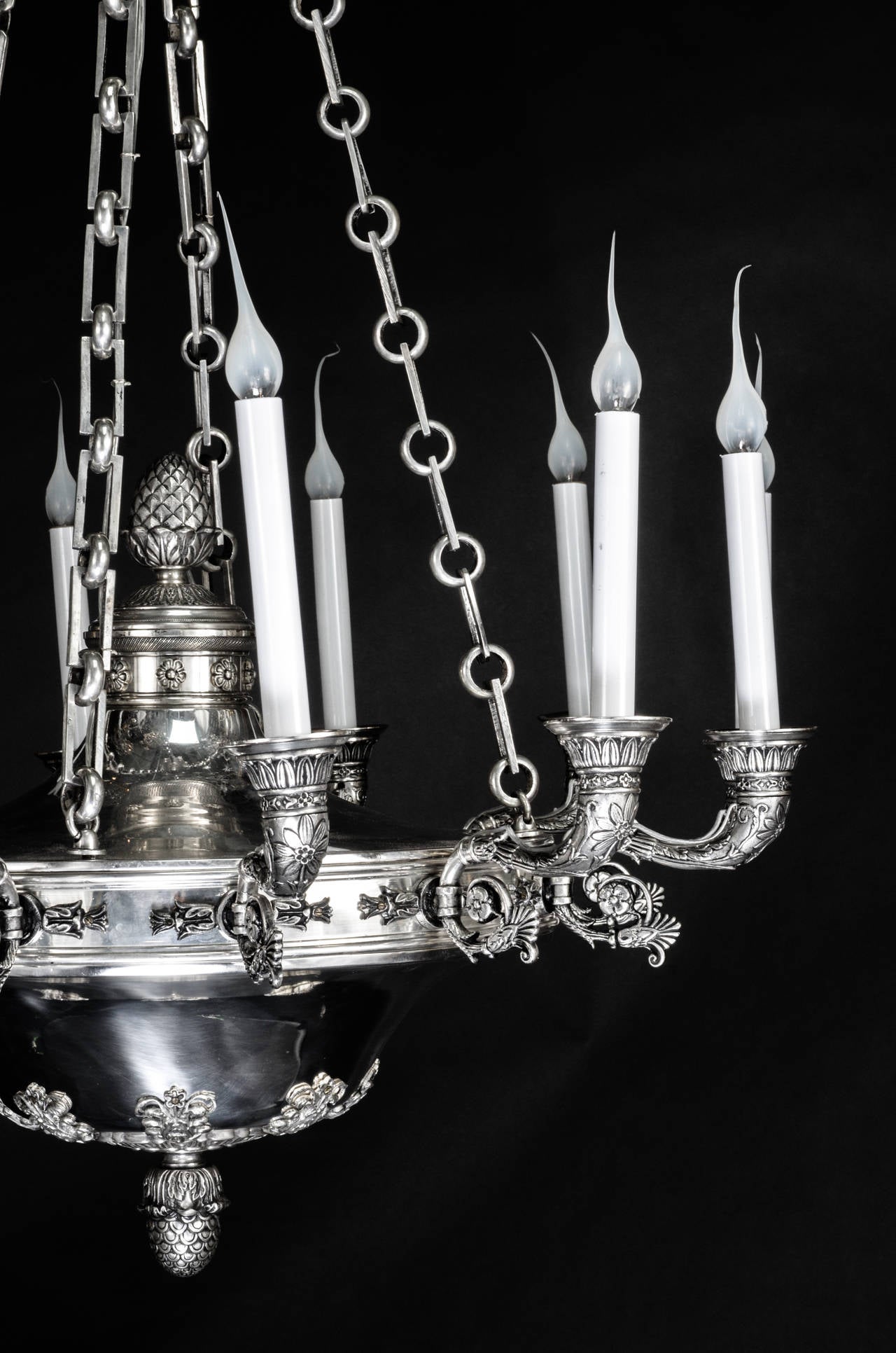19th Century Large Antique, French Empire Style, Neoclassical Silvered Bronze Chandelier For Sale