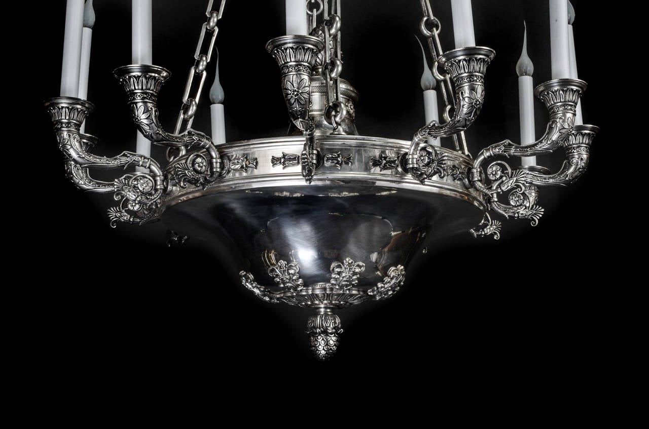 Large Antique, French Empire Style, Neoclassical Silvered Bronze Chandelier For Sale 3
