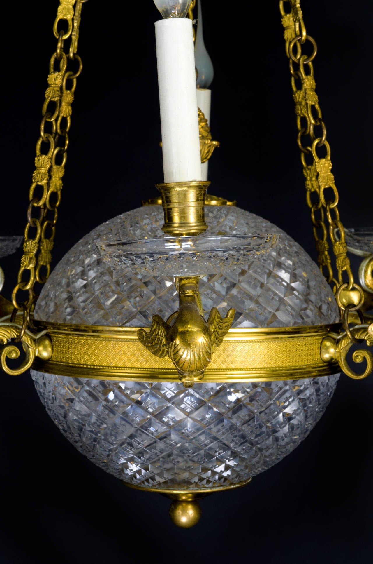 French Neoclassical Style Gilt Bronze and Cut Crystal Ball Form Chandelier 1