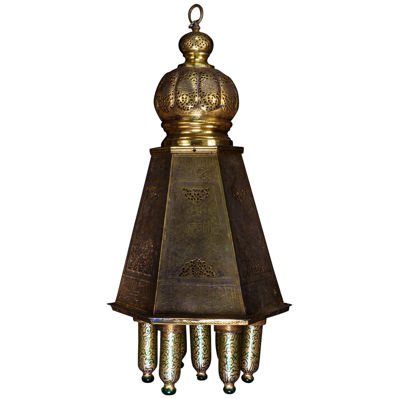 Antique Moroccan Islamic Style Brass and Green Glass Lantern Chandelier