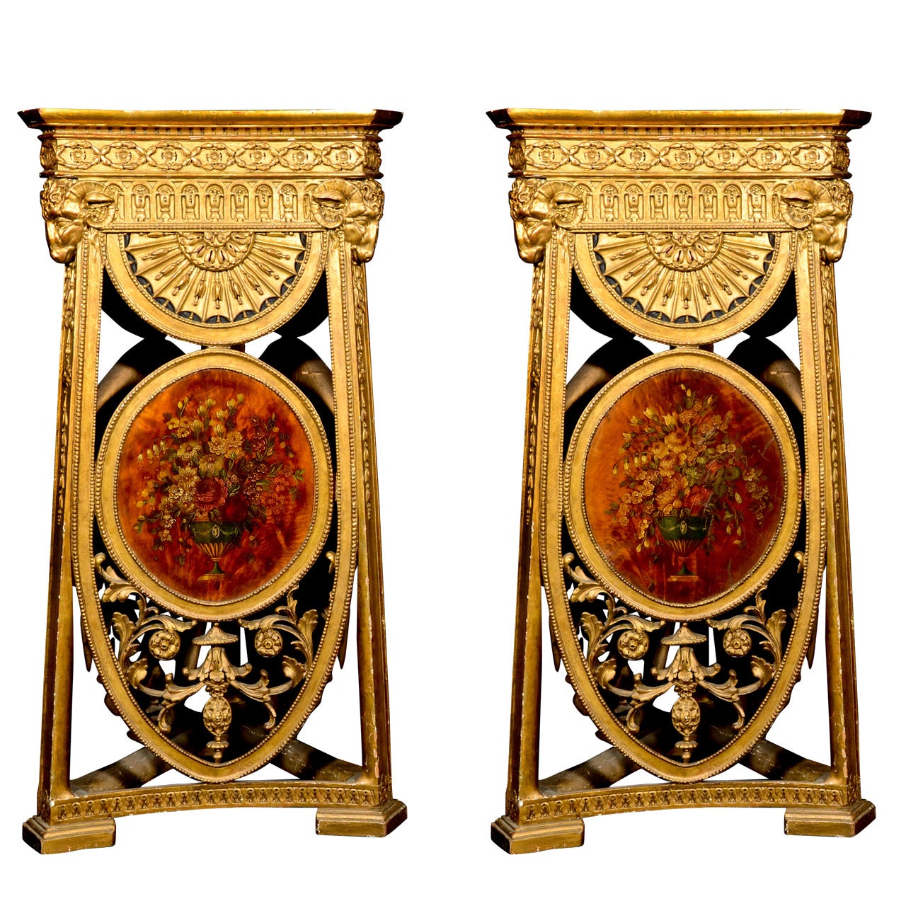 Pair of Antique English Adam Style Carved Giltwood and Painted Pedestals For Sale