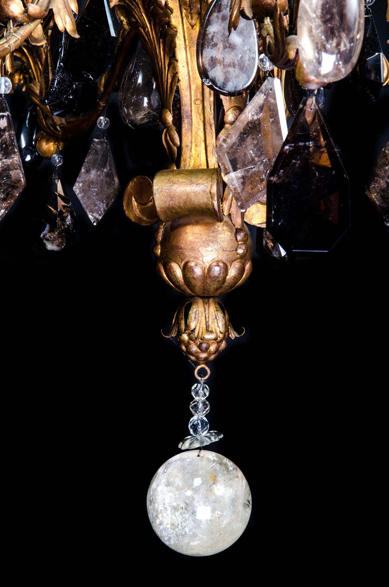 Large Antique French Louis XVI Style Gilt Tole & Smokey Rock Crystal Chandelier For Sale 1