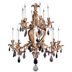 Large Antique French Louis XVI Style Gilt Tole & Smokey Rock Crystal Chandelier 11