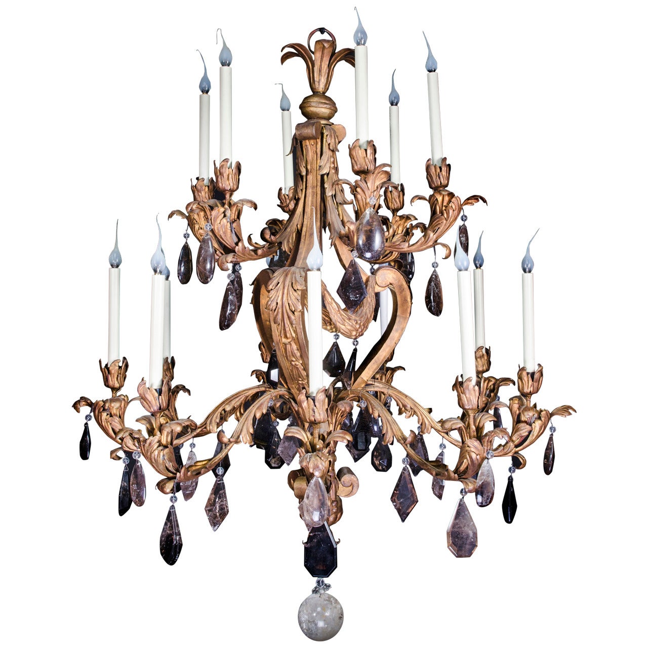 Large Antique French Louis XVI Style Gilt Tole & Smokey Rock Crystal Chandelier For Sale