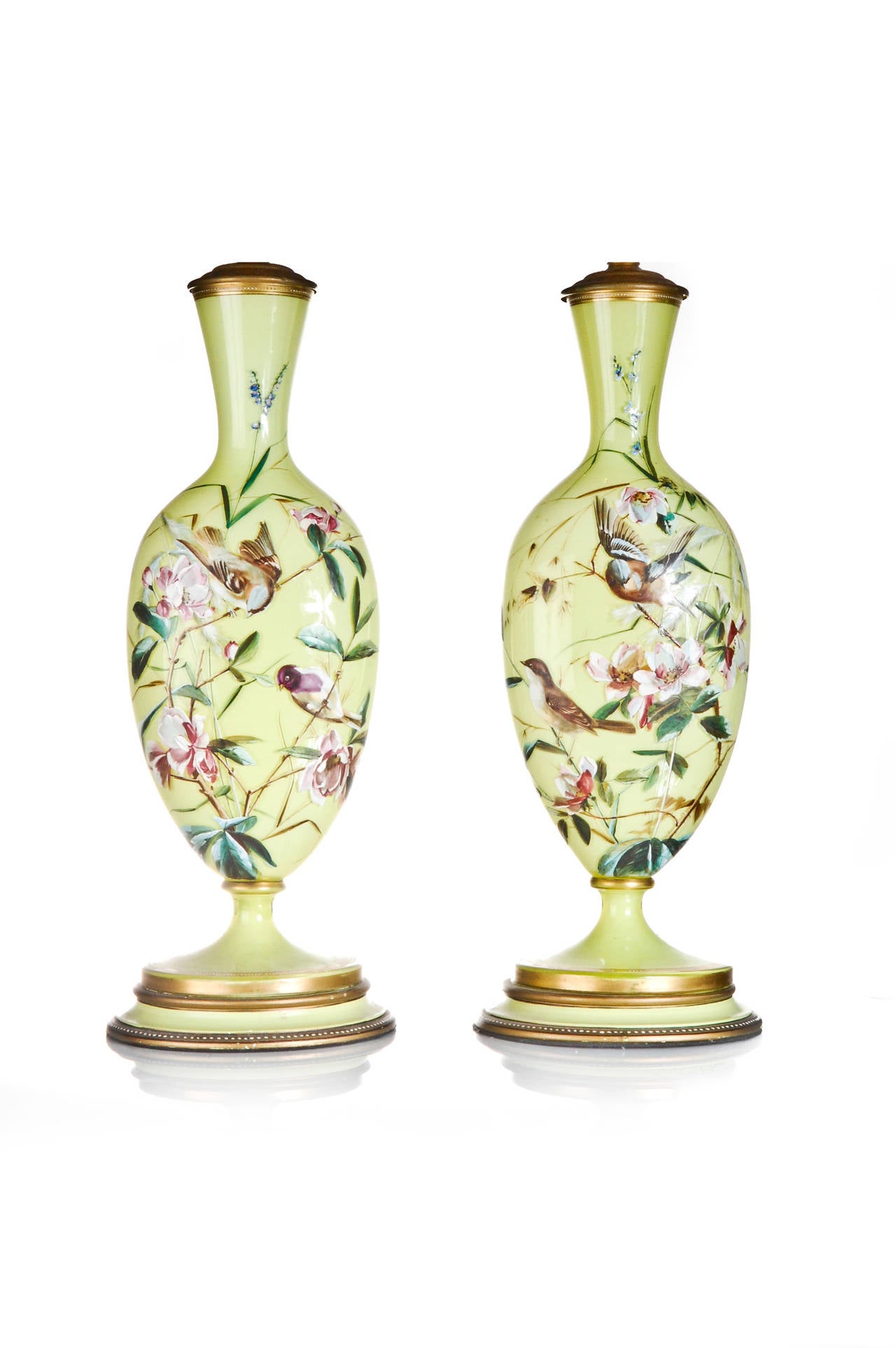 Pair of beautiful Antique French Louis XVI Style hand polychromed enameled yellow opaline glass vase/lamps embellished with hand painted enamel flowers & birds.