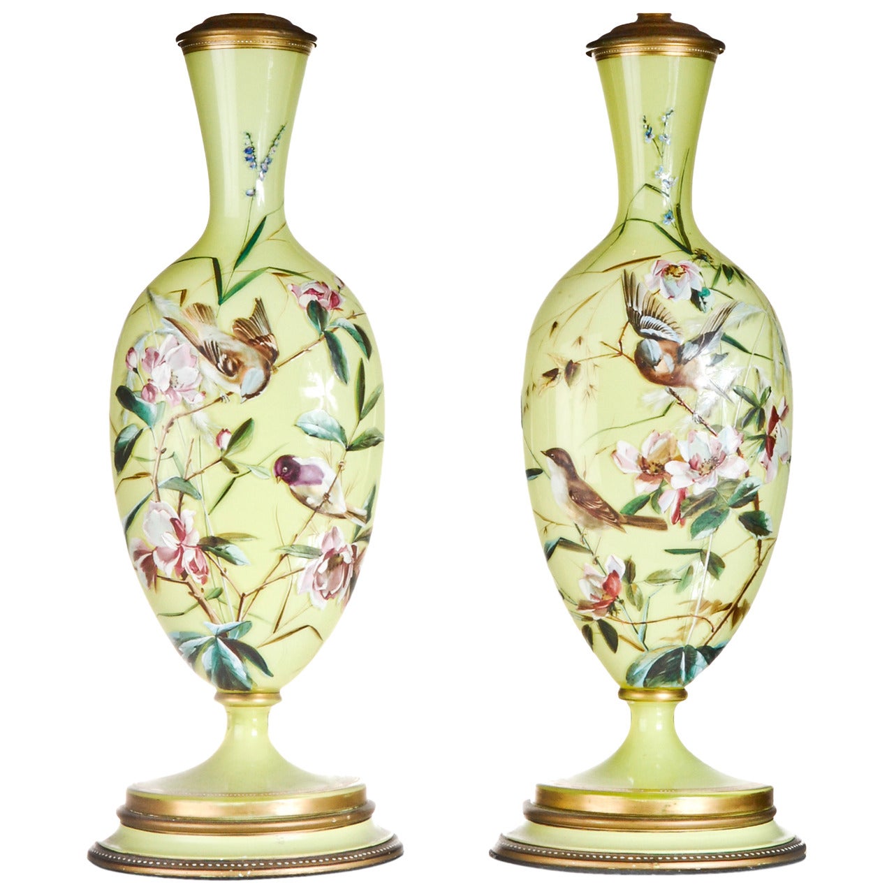 Pair of Fine Antique French Louis XVI Style Enameled Yellow Opaline Glass Lamps