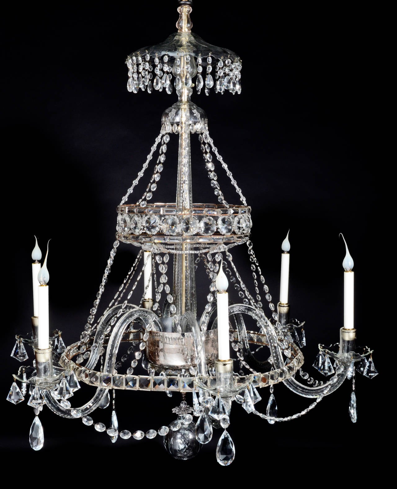 An Unusual Antique Continental Louis XVI Style Cut crystal, mercury glass & copper multi light chandelier embellished with cut crystal arms, prisms, chains & finally adorned with a round mercury glass central dish.