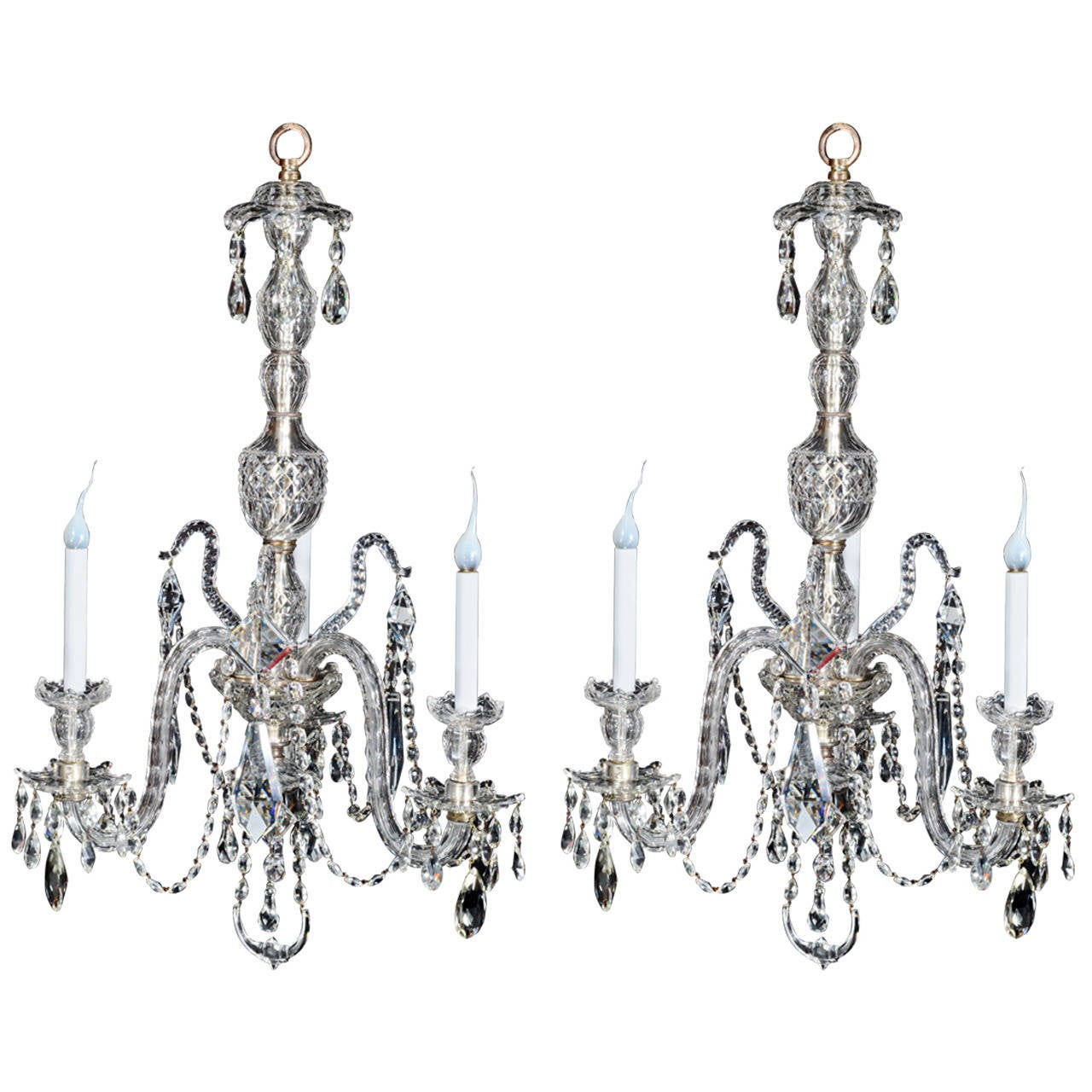 A Pair Of Fine Antique English III Cut Crystal Chandeliers For