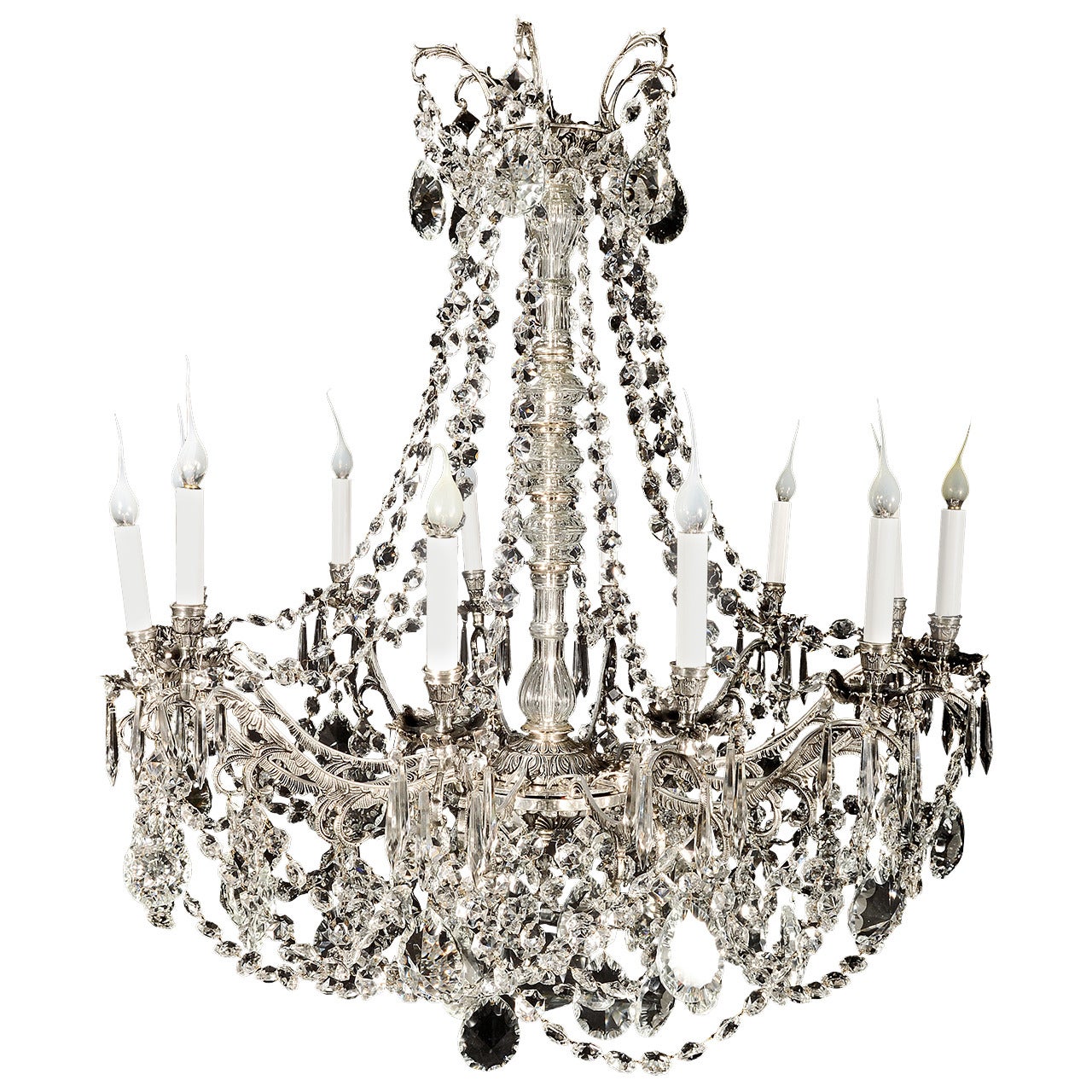 Large Antique French Louis XVI Style Silvered Bronze and Cut Crystal Chandelier