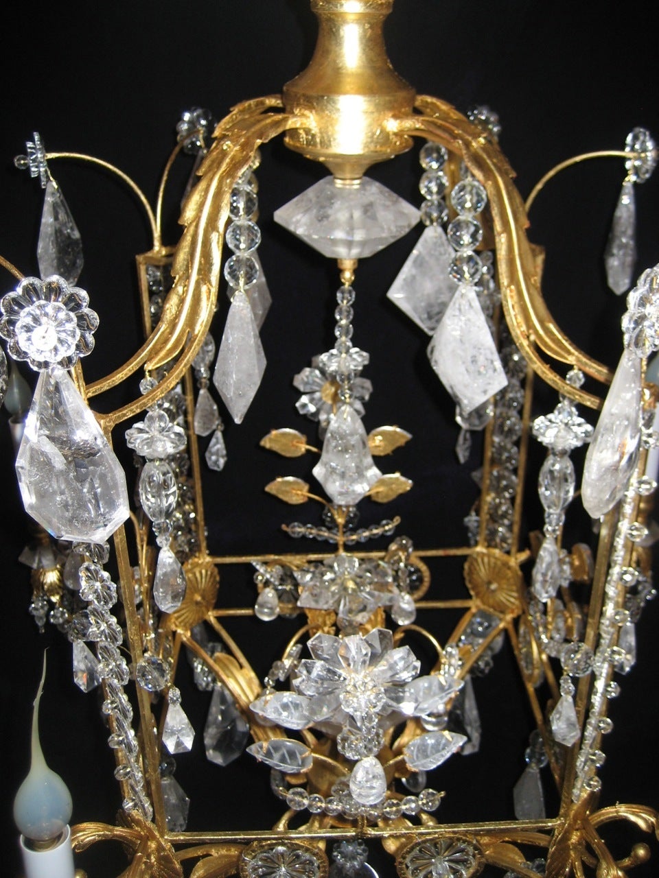 A Pair of Fine Louis XVI Style Gilt and Cut Rock Crystal Bagues Style Chandelier In Good Condition In New York, NY