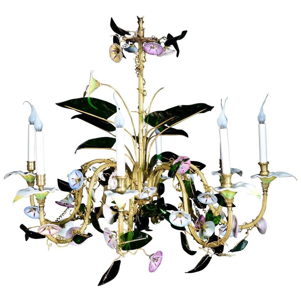 Unusual Antique Austrian Floral Viennese Glass and Gilt Multi Light Chandelier For Sale