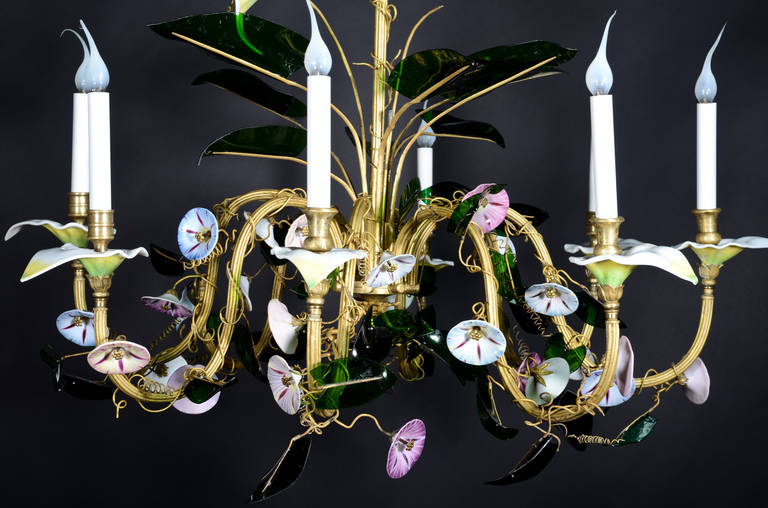 Unusual Antique Austrian Floral Viennese Glass and Gilt Multi Light Chandelier In Good Condition For Sale In New York, NY