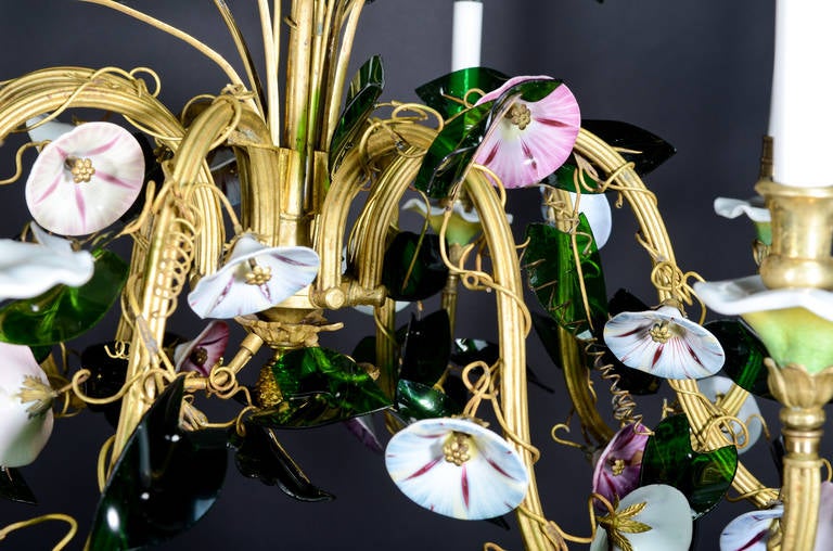 Opaline Glass Unusual Antique Austrian Floral Viennese Glass and Gilt Multi Light Chandelier For Sale