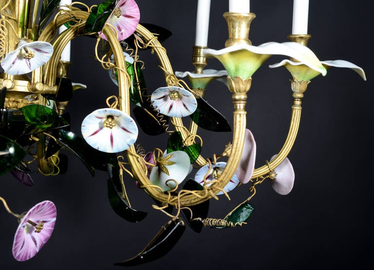 20th Century Unusual Antique Austrian Floral Viennese Glass and Gilt Multi Light Chandelier For Sale
