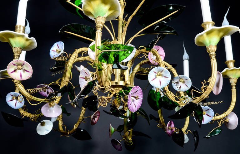 Unusual Antique Austrian Floral Viennese Glass and Gilt Multi Light Chandelier For Sale 2