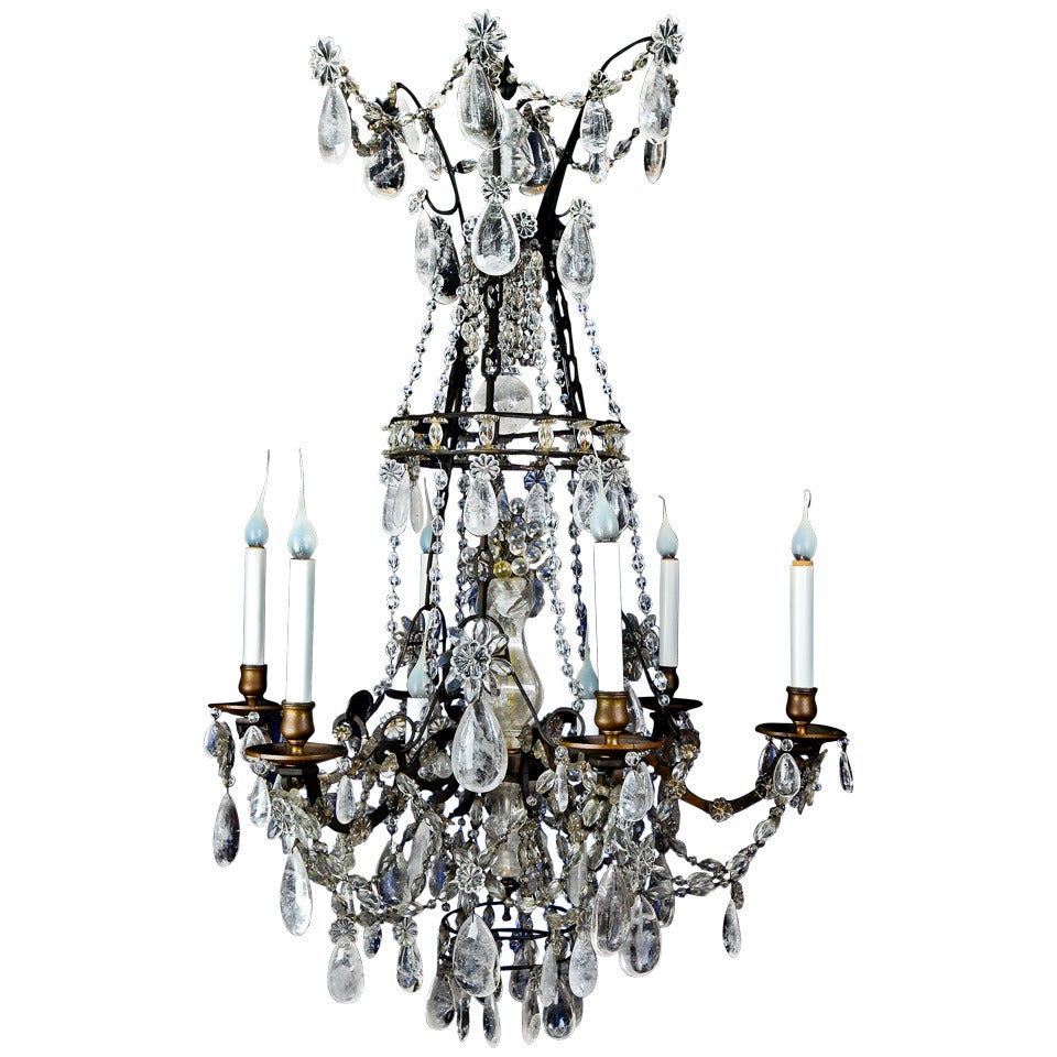 Antique French Louis XVI Style Patina Bronze and Rock Crystal Chandelier For Sale