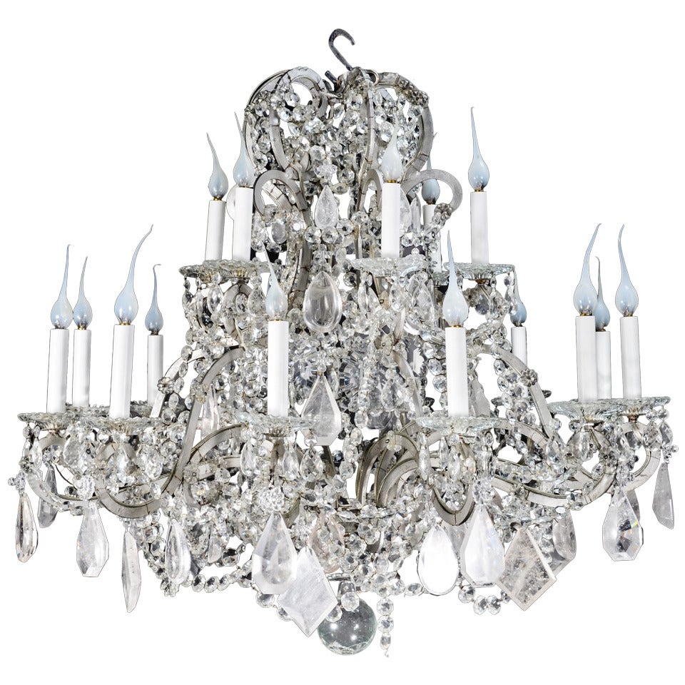 French Louis XVI Style Silvered Metal, Cut Rock Crystal and Crystal Chandelier