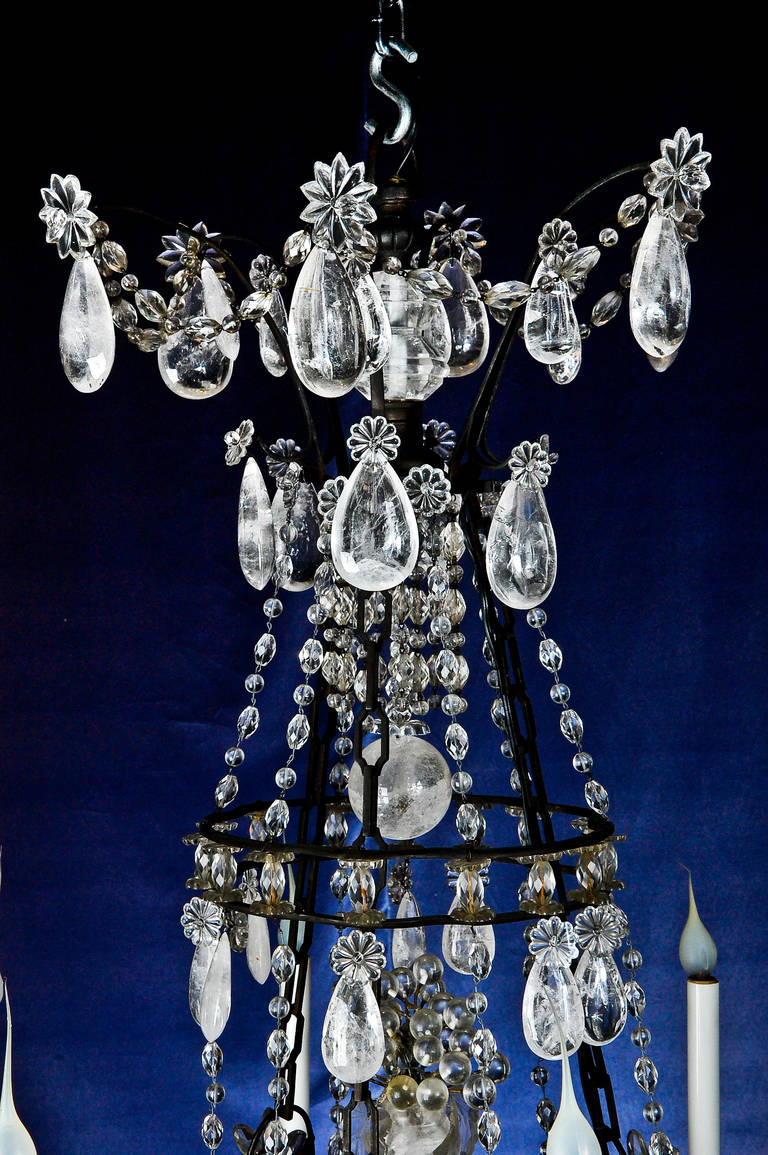 20th Century Antique French Louis XVI Style Patina Bronze and Rock Crystal Chandelier For Sale