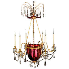 Antique Russian Neoclassical Gilt Bronze, Crystal and Cranberry Glass Chandelier