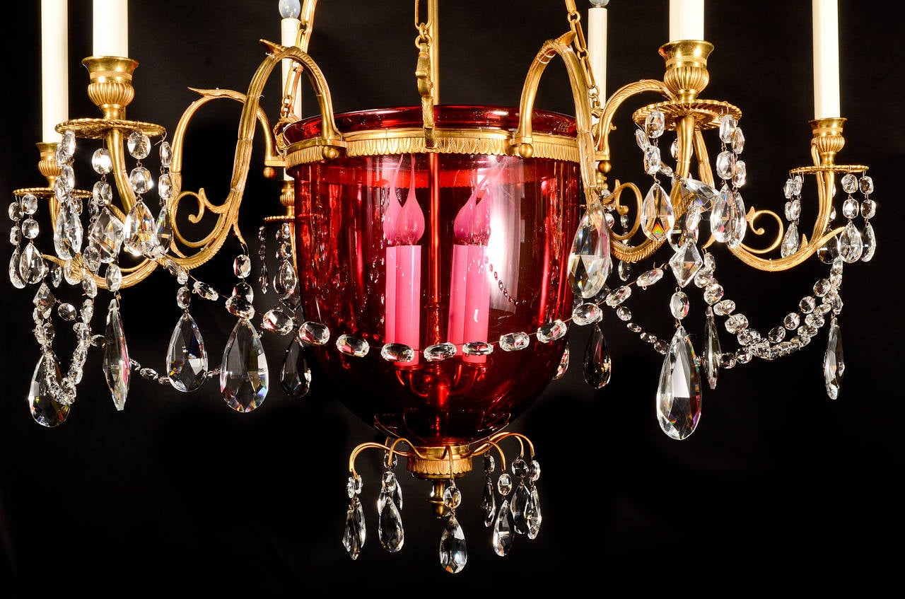European Antique Russian Neoclassical Gilt Bronze, Crystal and Cranberry Glass Chandelier