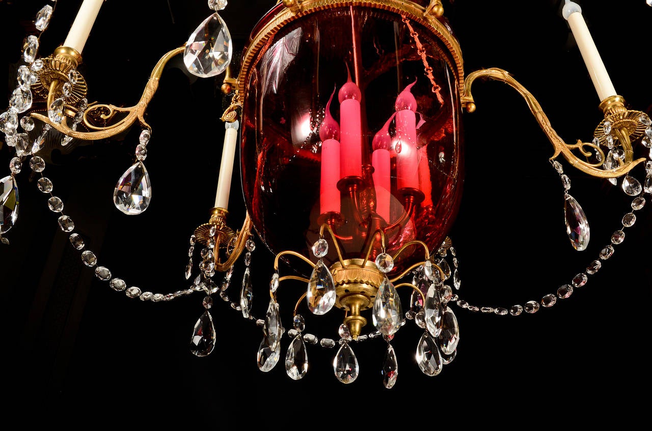 Antique Russian Neoclassical Gilt Bronze, Crystal and Cranberry Glass Chandelier 1