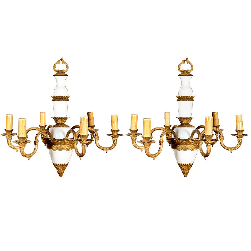 Pair of Antique French Louis XVI Style Gilt Bronze and Opaline Glass Chandeliers For Sale