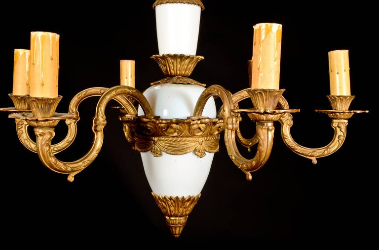 20th Century Pair of Antique French Louis XVI Style Gilt Bronze and Opaline Glass Chandeliers For Sale