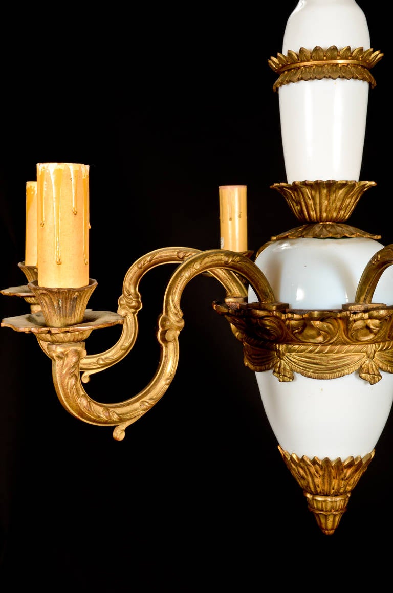 Pair of Antique French Louis XVI Style Gilt Bronze and Opaline Glass Chandeliers For Sale 1