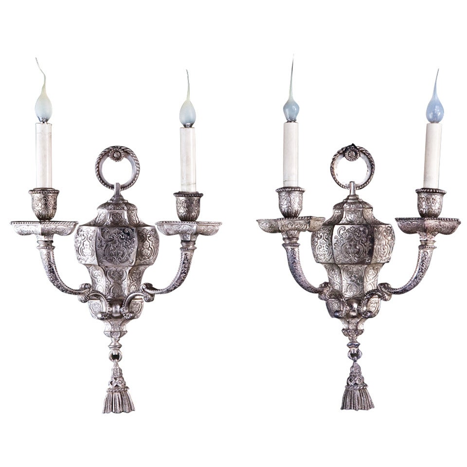 Pair of Antique American Moorish Style, Silvered Bronze Caldwell Sconces