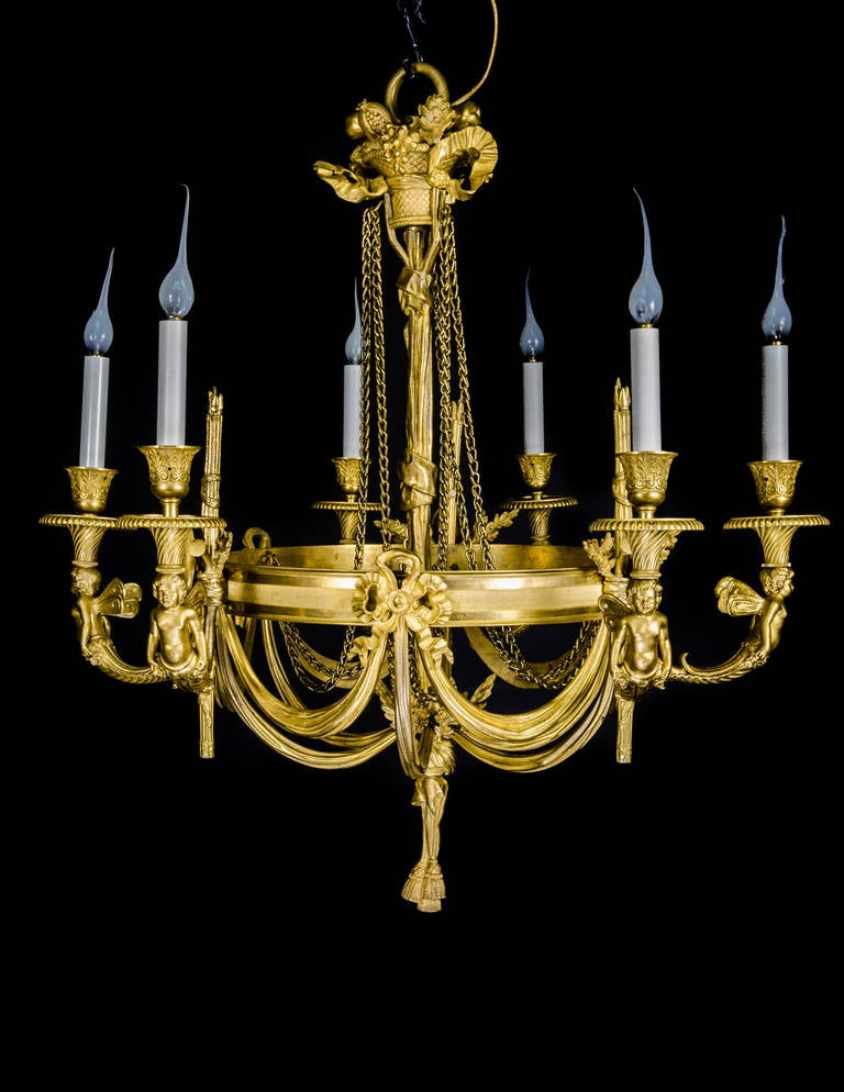 A Superb Antique French Louis XVI Style Gilt Bronze Figural Multi Light  Chandelier embellished with figures.