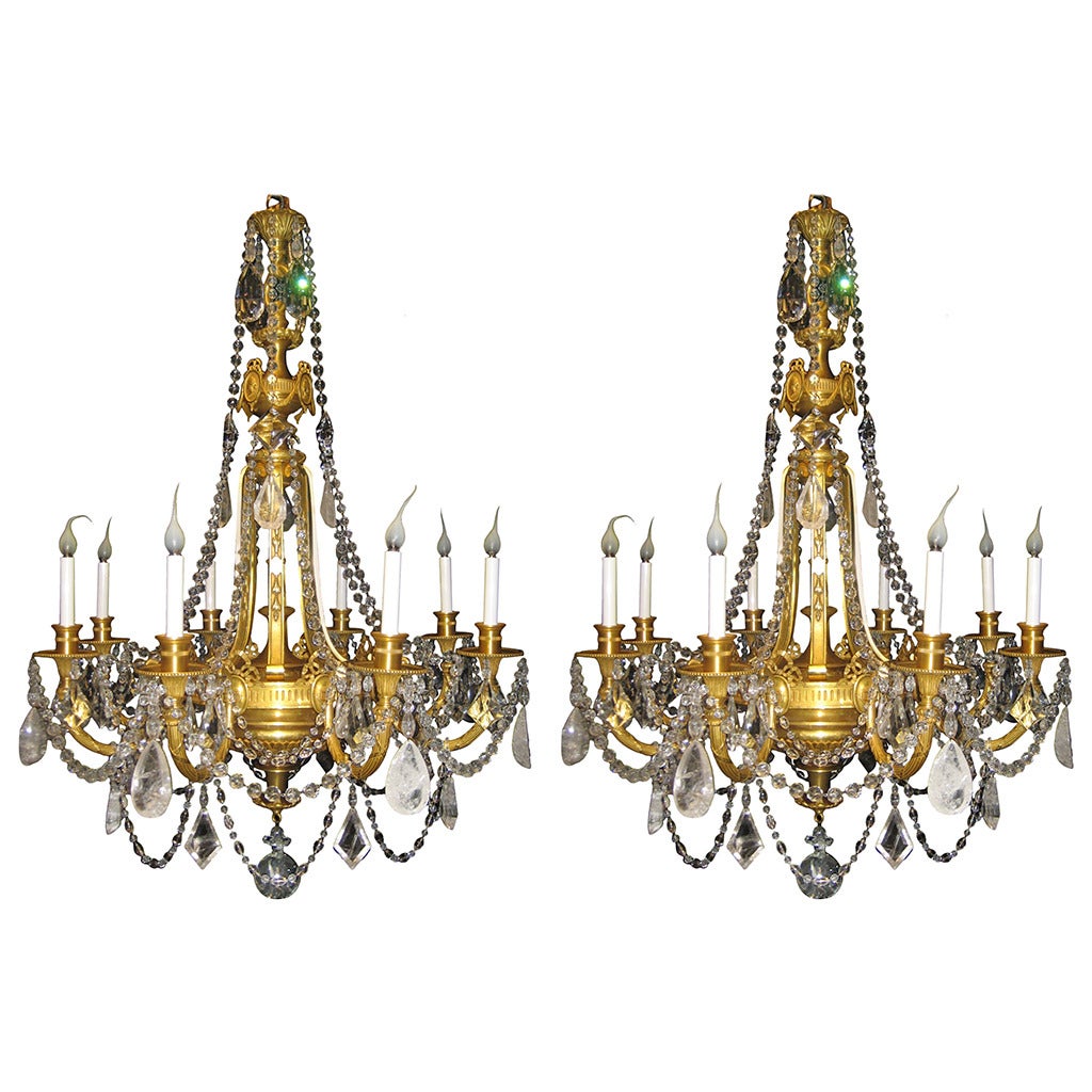 Pair of Antique French Louis XVI Style Gilt Bronze and Rock Crystal Chandeliers