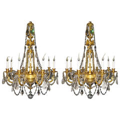 Pair of Antique French Louis XVI Style Gilt Bronze and Rock Crystal Chandeliers