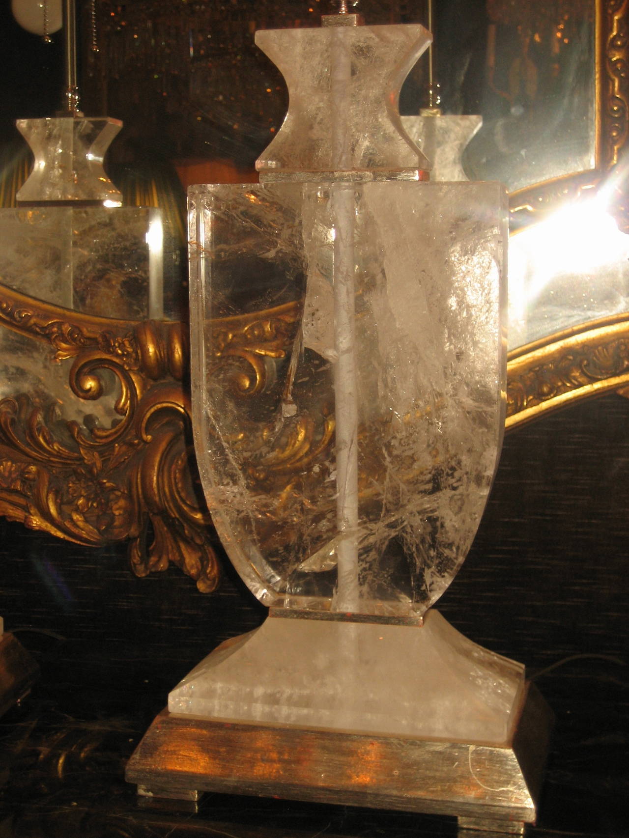 Pair of Art Deco Style Cut Rock Crystal Silvered Mounted Lamps In Good Condition In New York, NY