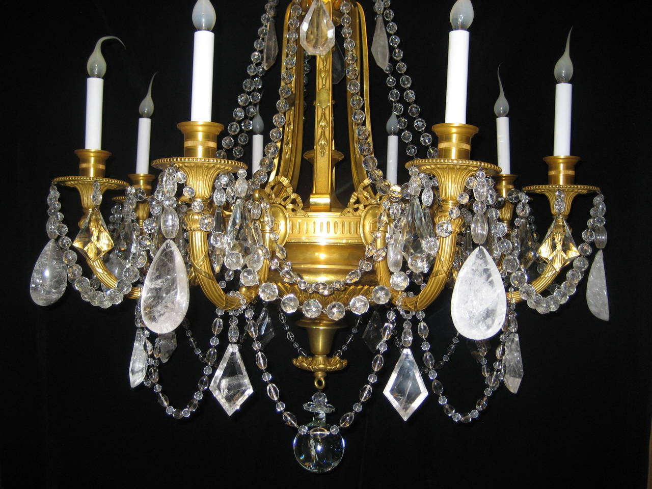 19th Century Pair of Antique French Louis XVI Style Gilt Bronze and Rock Crystal Chandeliers