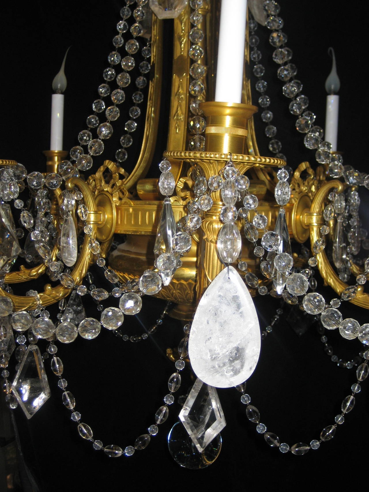 Pair of Antique French Louis XVI Style Gilt Bronze and Rock Crystal Chandeliers 1