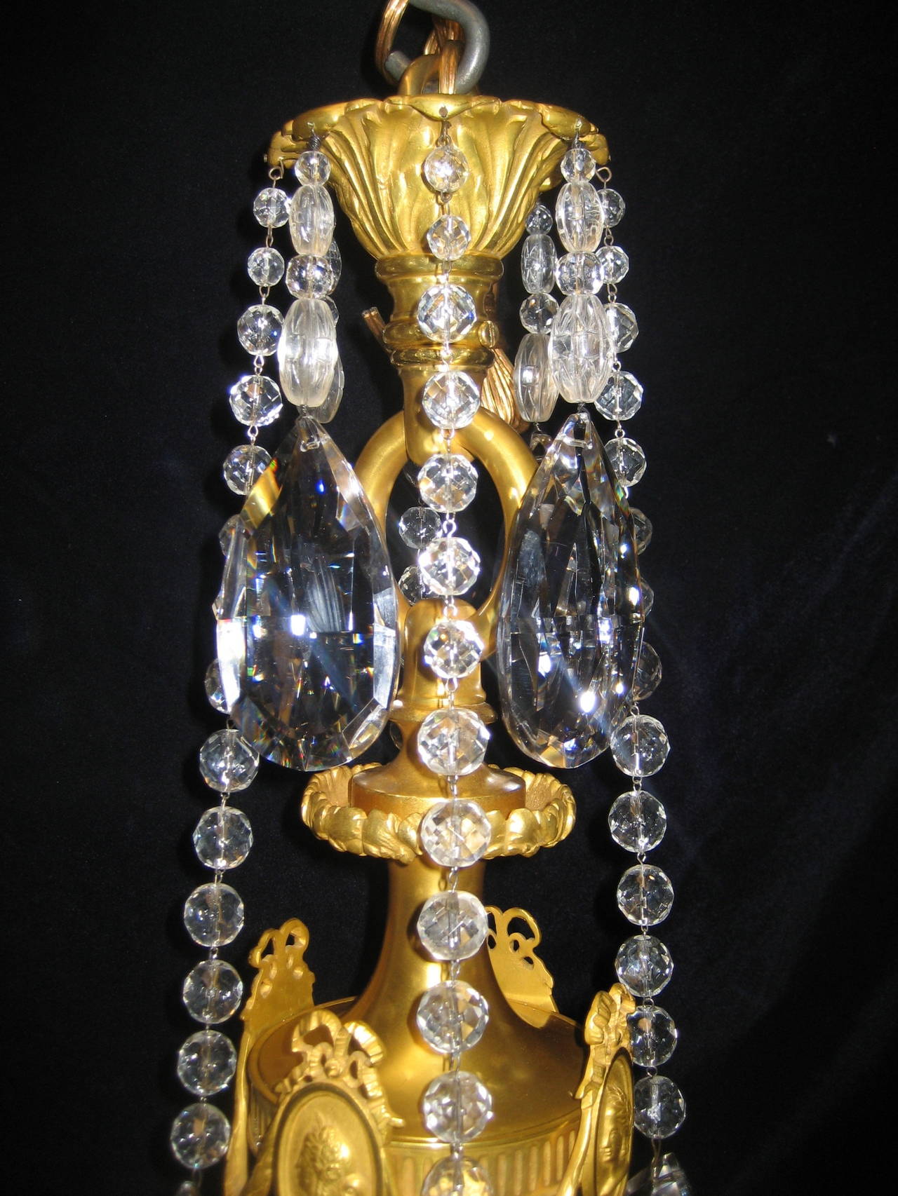 Pair of Antique French Louis XVI Style Gilt Bronze and Rock Crystal Chandeliers 2