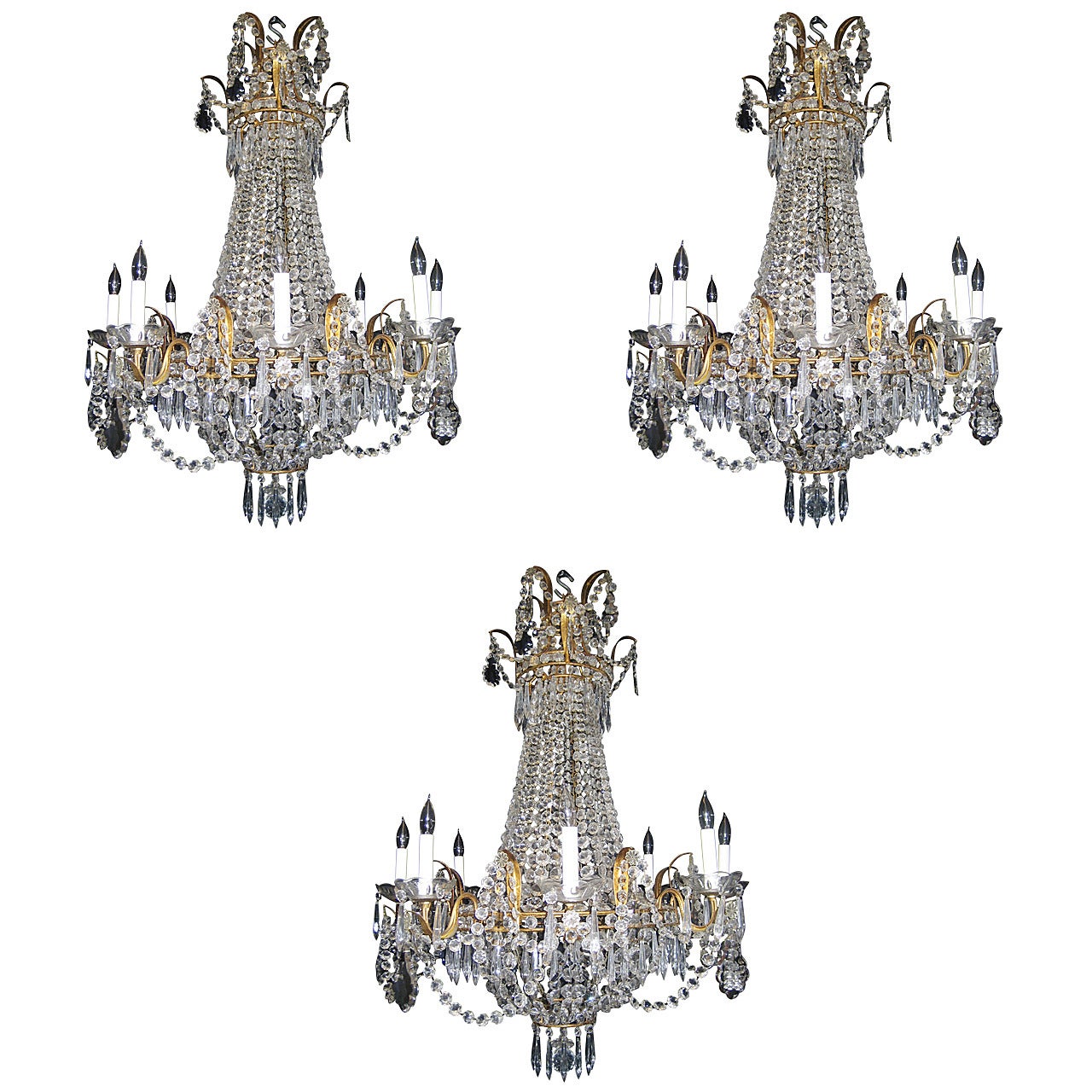 Set of Three Antique French Louis XVI Style Gilt and Crystal Chandeliers For Sale