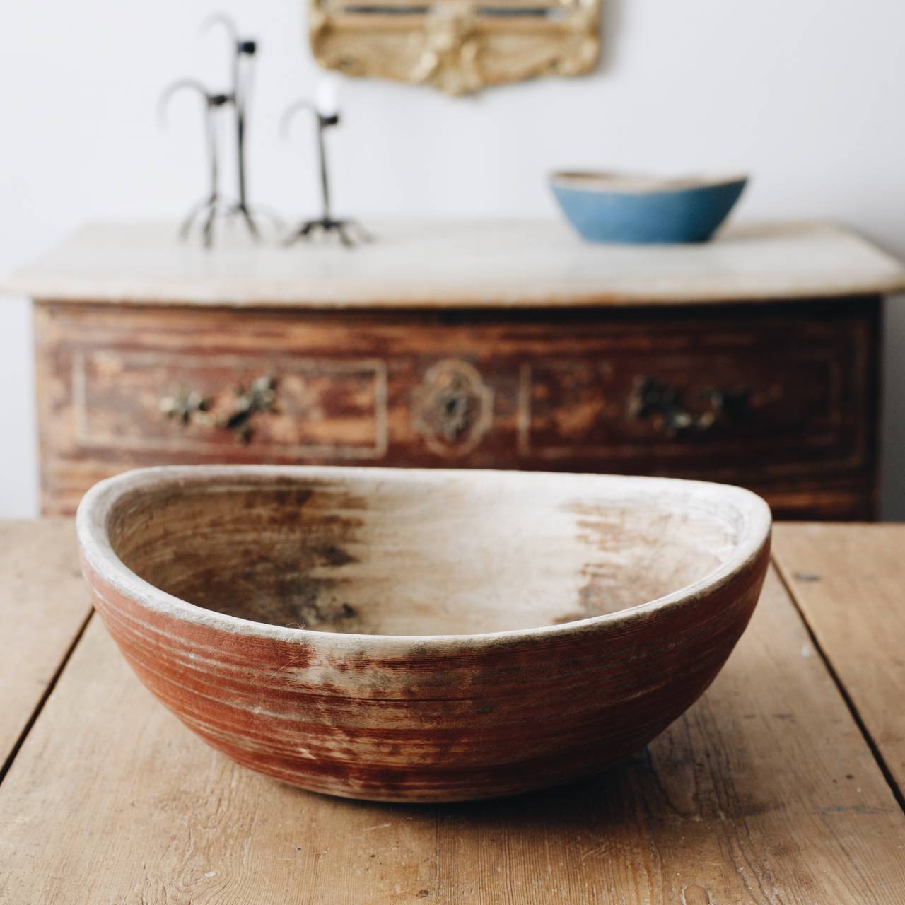 Large 19th century Swedish boat shaped wooden bowl in original color.
