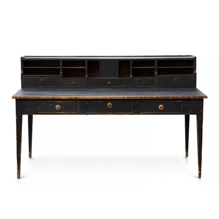 Stunning Swedish transitional late Gustavian or Empire three-drawer desk with a removable gallery which houses five drawers and 11 compartments in original color, circa 1815. This is unusually large and very rare desk.
