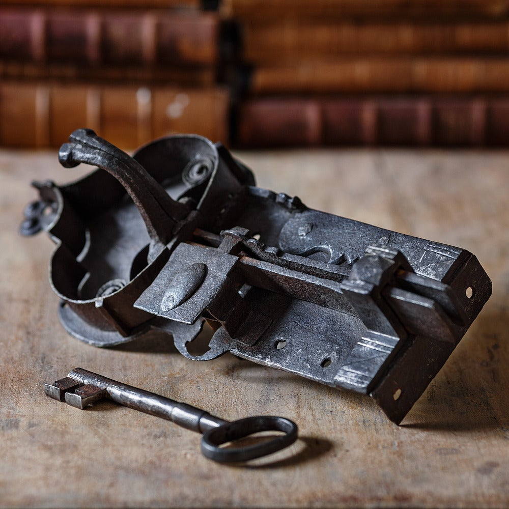 18th Century Swedish wrought iron door lock in good working condition including original key.