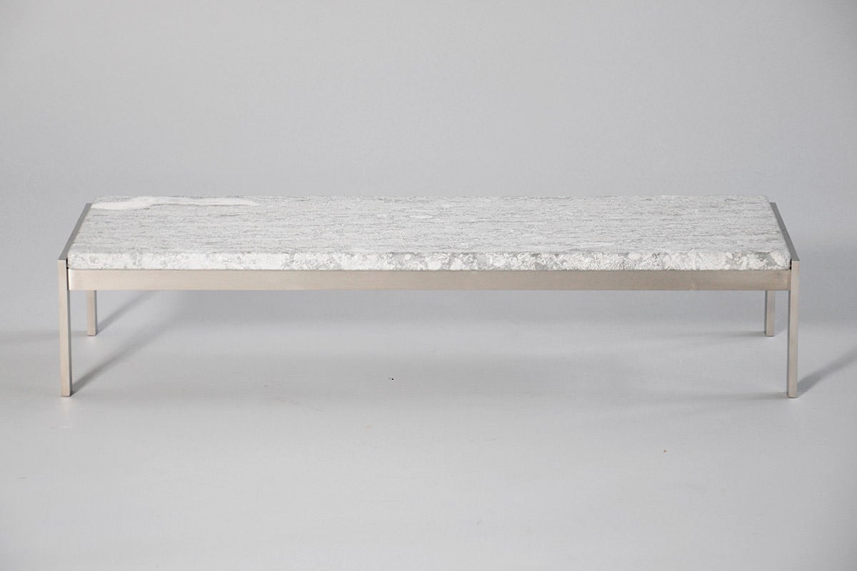 PK-62 Coffee table with stainless steel frame and top of flintrolled Norwegian Porsgrunn marble. Designed in 1968. Manufactured and stamped by Kjærholm Productions. This table is one of six specially made of flint rolled porsgrunn.

We ship this