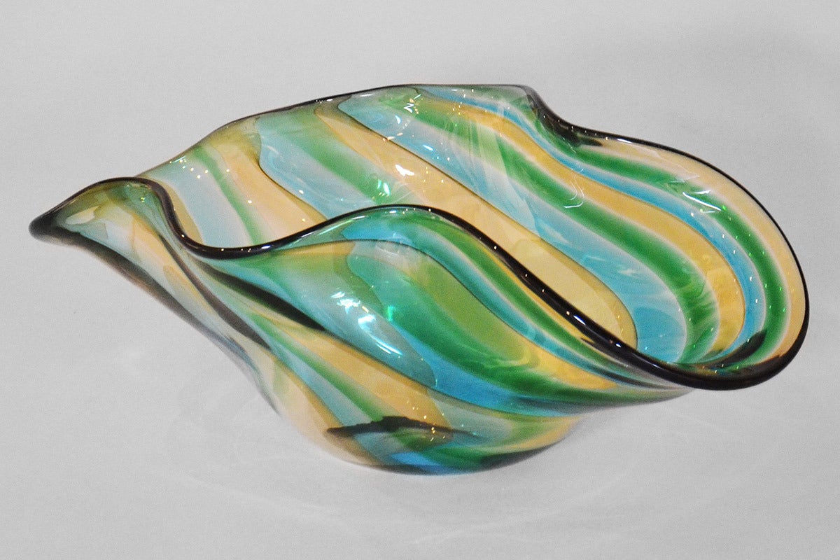 Glass plate in blue, green and yellow shades. Made on the Venetian island of Murano. Signed at the bottom.

We ship this item worldwide, please write to contact@apetersen.dk for shipping options and prices.