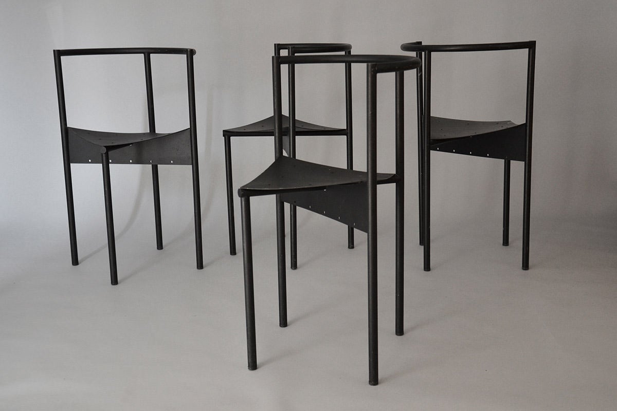 Four Wendy Wright Chairs. Tubular steel, Sheet steel, painted black. Designed in 1986. Made by Aleph, Milan.

We ship this item worldwide, please write to contact@apetersen.dk for shipping options and prices.