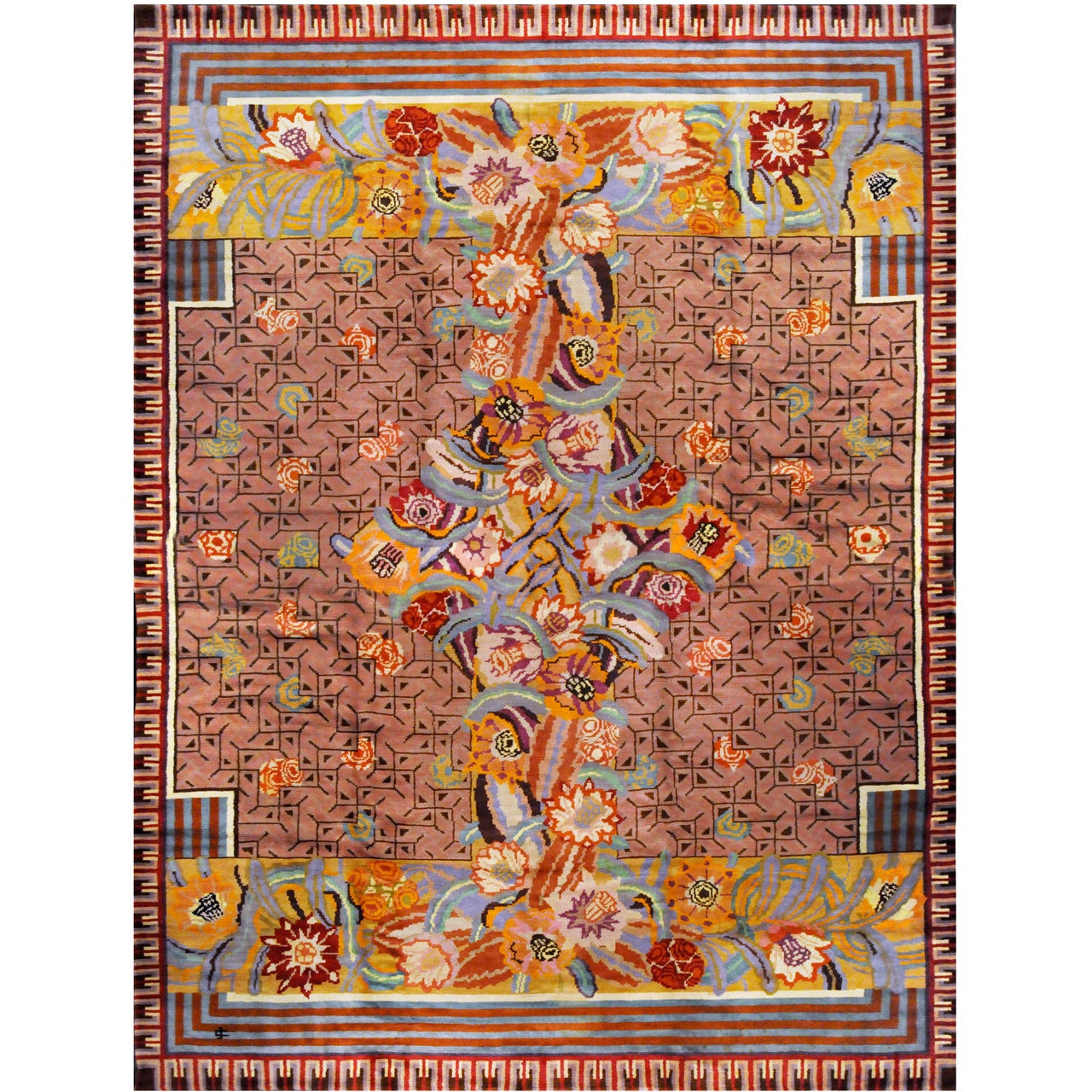 Flowers Art Deco Rug Designed by Jules Coudyser, circa 1925 For Sale