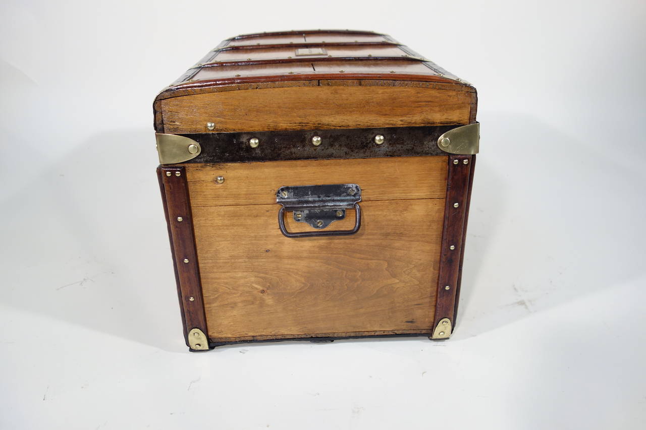 Brass 1890s French Wood Trunk, Curved Varnished For Sale