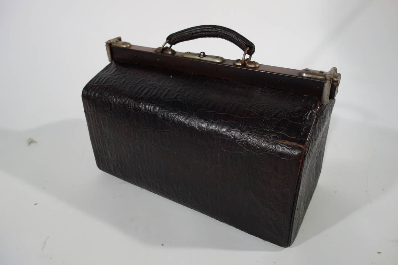 French 1930's  Doctor bag in   Leather with Crocodile Pattern For Sale