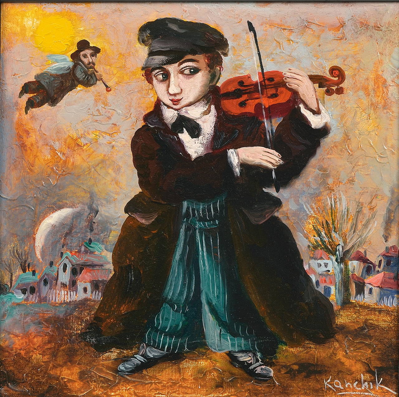 Oil on canvas.
From the series 'Homage to Marc Chagall.'
By Alexander Kanchik born in USSR (Moldavia) 1959, living in Ra'anana, Israel.
Signed 'Kanchik' lower right.
Framed very ornate and exceptional quality wood.
Dimensions: 40 cm x 40 cm
