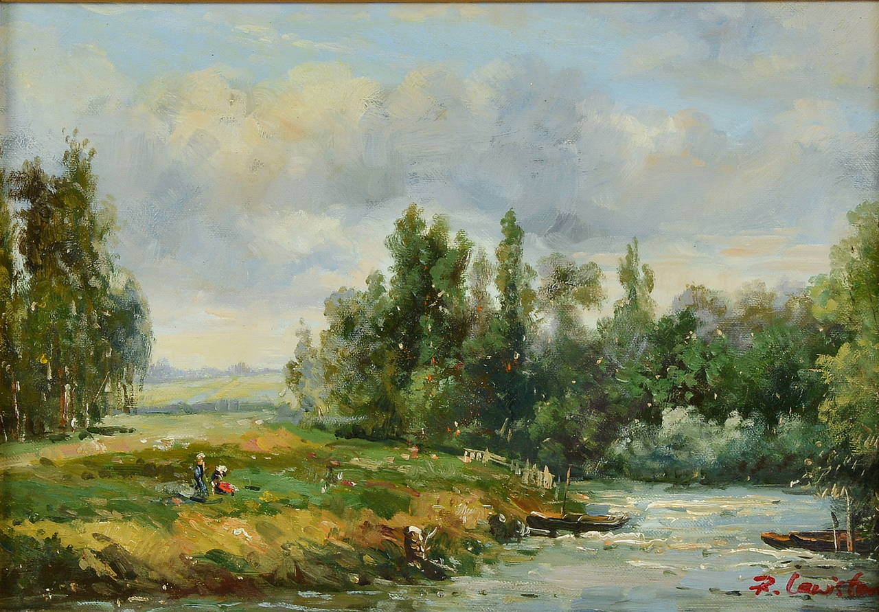 River with moored boats and figures on the meadow.
Oil on canvas.
Signed lower right.
Mid-20th century.
Measures: 30.5 cm x 40.5 cm.
Framed 55.2 cm x 62.5 cm.