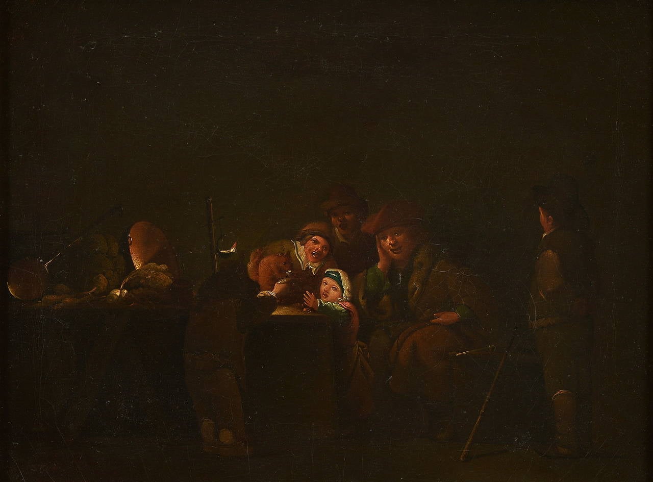 Peasant family in an interior.
Genre painting with a central scene of figures around a table looking at a squirrel fed by a kneeling child.
Left: opulent crops and copper cookware are littered on a table and right: a pensive man is sitting with