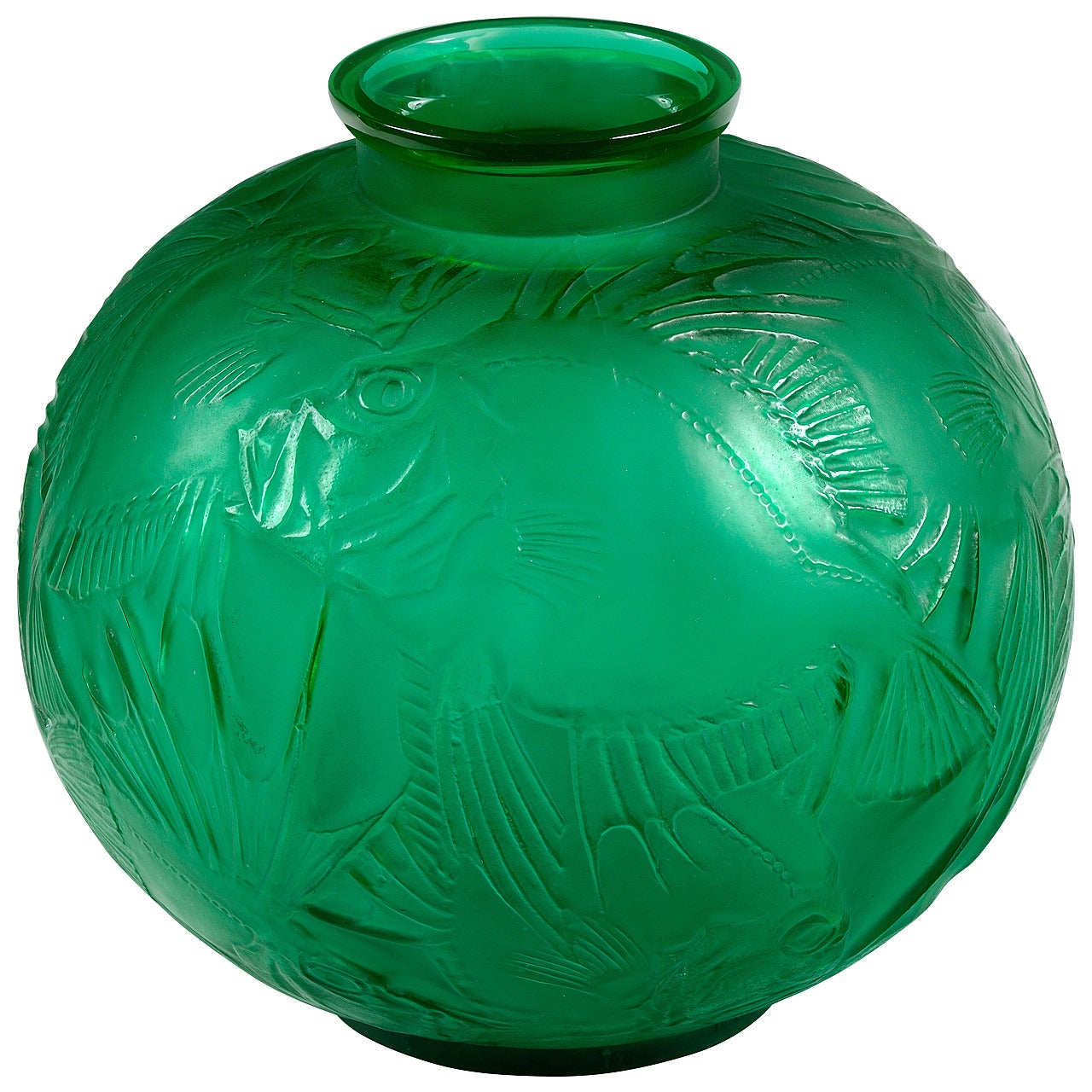 Lalique, Emerald Green Poissons Vase